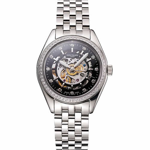 Swiss Patek Philippe Calatrava Black Openworked Dial Diamond Bezel Stainless Steel Case And Bracelet