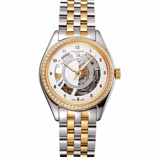 Swiss Patek Philippe Calatrava Openworked Stainless Steel Case Gold Bezel Two Tone Bracelet