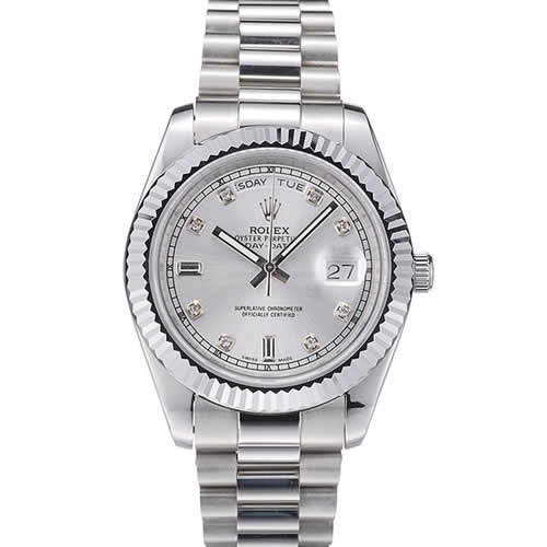 Rolex Swiss DayDate Stainless Steel Ribbed Bezel Silver Dial 41995