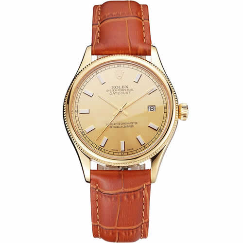 Swiss Rolex Datejust Gold Dial Gold Case Light Brown Leather Strap