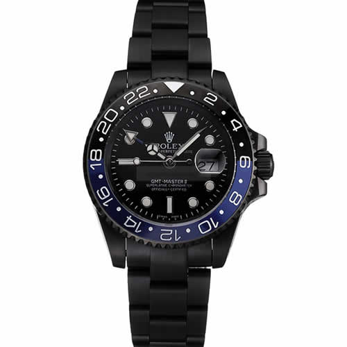 Swiss Rolex GMT Master II Black Dial Blue And Black Bezel Black PVD Case And Bracelet