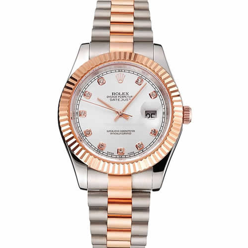 Swiss Rolex Datejust White Dial Rose Gold Bezel Stainless Steel Case Two Tone Bracelet