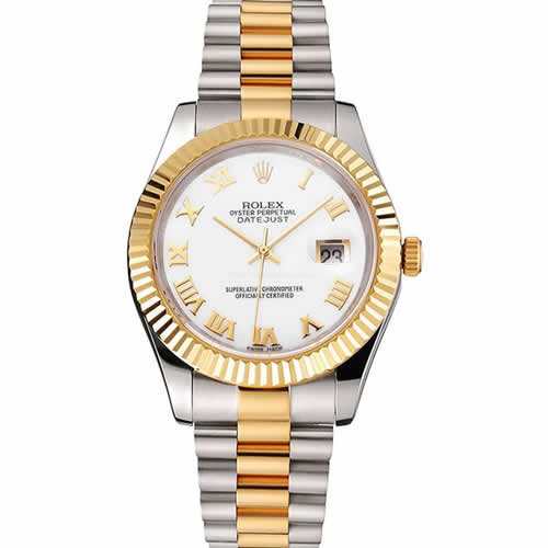 Swiss Rolex Datejust White Dial Roman Numerals Gold Bezel Stainless Steel Case Two Tone Bracelet