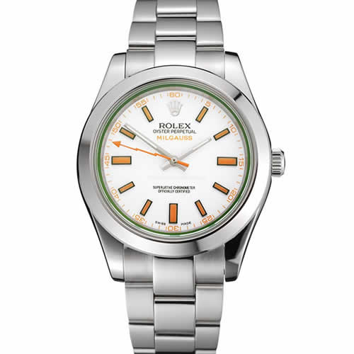 Swiss Rolex Milgauss White Dial Orange Markings Stainless Steel Case And Bracelet