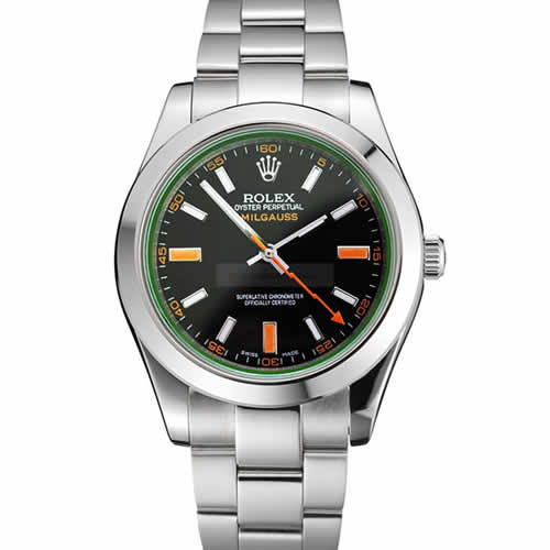 Swiss Rolex Milgauss Black Dial Orange Markings Stainless Steel Case And Bracelet