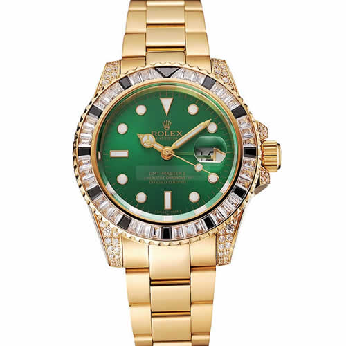 Swiss Rolex GMT Master II Green Dial Stone Set Bezel Gold Case And Bracelet  1453748