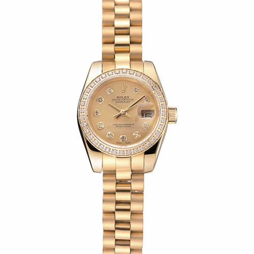 Swiss Rolex Lady-Datejust Champagne Dial Diamond Bezel Gold Bracelet 1454095