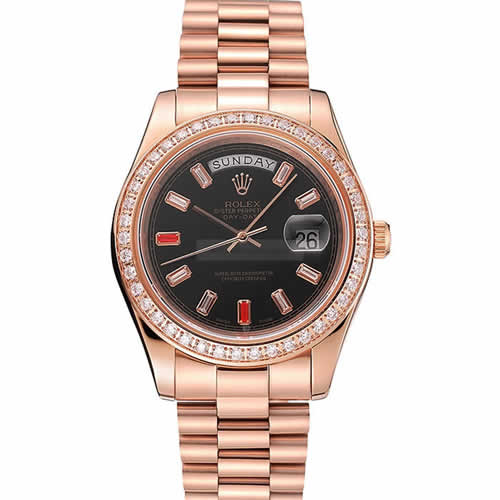 Swiss Rolex Day-Date Diamonds And Rubies Black Dial Rose Gold Bracelet 1454102