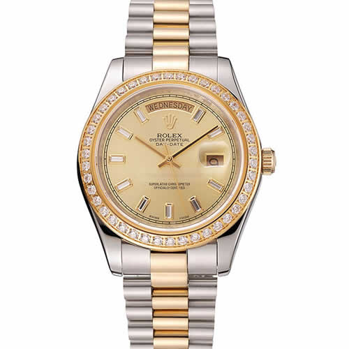 Swiss Rolex Day-Date Champagne Dial Diamond Bezel Two Tone Bracelet 1454103