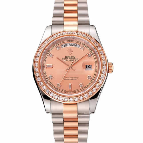 Swiss Rolex Day-Date Diamonds Bezel Rose Gold And Staineless Steel Bracelet 1454107