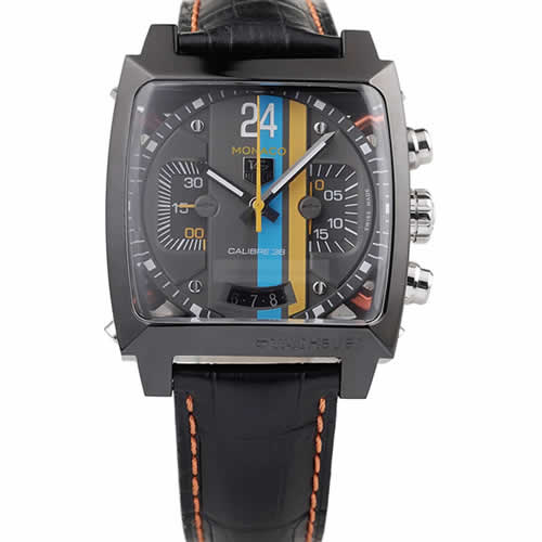 Tag Heuer Swiss Monaco Black Leather Strap Blue-Yellow Striped Black Dial