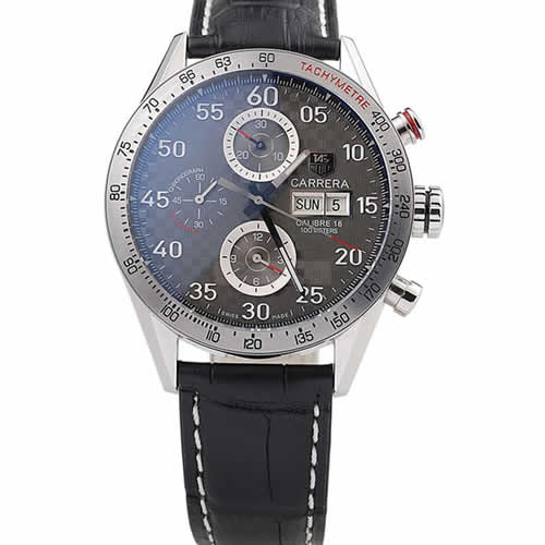 Tag Heuer Swiss Carrera Tachymeter Bezel Black Leather Strap Checkered Brown Dial