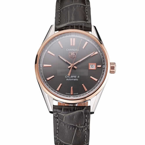 Swiss Tag Heuer Carrera Calibre 5 Gray Dial Rose Gold Case Black Leather Strap