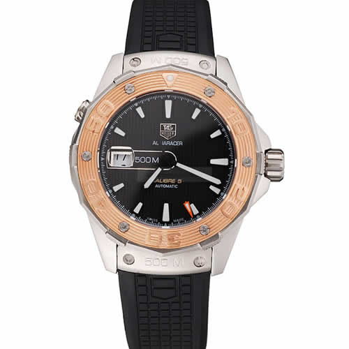 Swiss Tag Heuer Aquaracer Calibre 5 Black Dial Gold Bezel Stainless Steel Case Black Rubber Strap