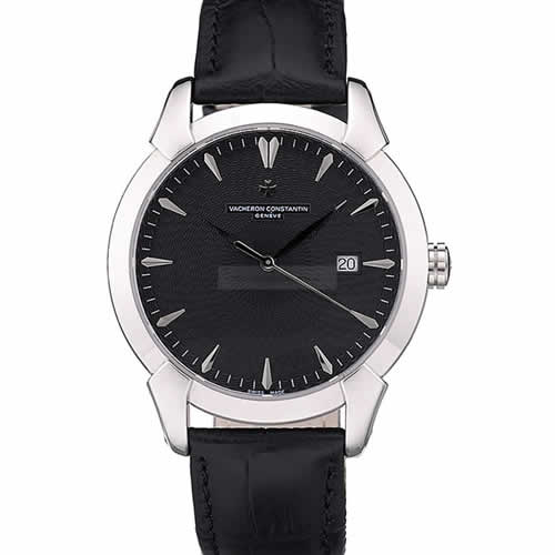 Swiss Vacheron Constantin Traditionnelle Black Dial Stainless Steel Case Black Leather Bracelet