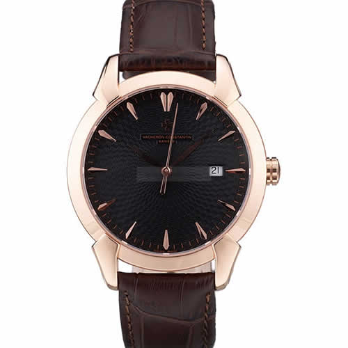 Swiss Vacheron Constantin Traditionnelle Black Dial Rose Gold Case Brown Leather Bracelet