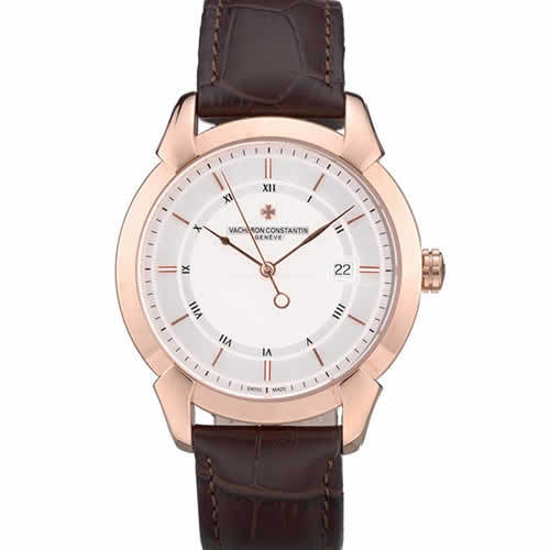 Swiss Vacheron Constantin Traditionnelle White Dial Rose Gold Case Brown Leather Bracelet