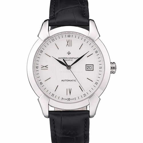 Swiss Vacheron Constantin Traditionnelle White Dial Stainless Steel Case Black Leather Bracelet