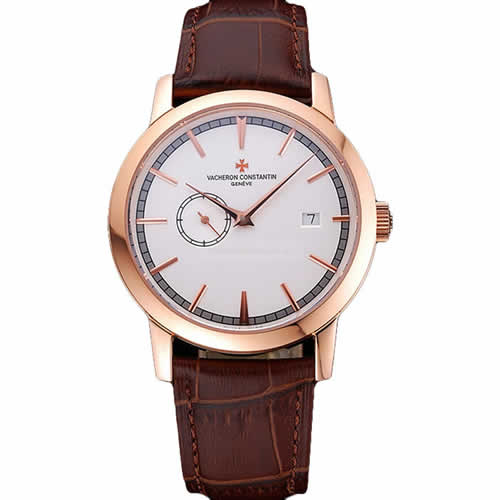 Swiss Vacheron Constantin Patrimony Contemporaine Rose Gold Case White Dial Brown Leather Bracelet  622680