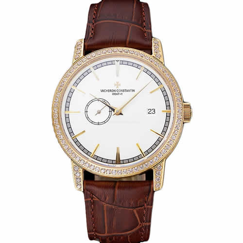 Swiss Vacheron Constantin Patrimony Contemporaine Gold Diamond Case White Dial Brown Leather Bracelet  622686