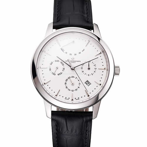 Swiss Vacheron Constantin Traditionnelle Power Reserve White Dial Stainless Steel Case Black Leather Strap