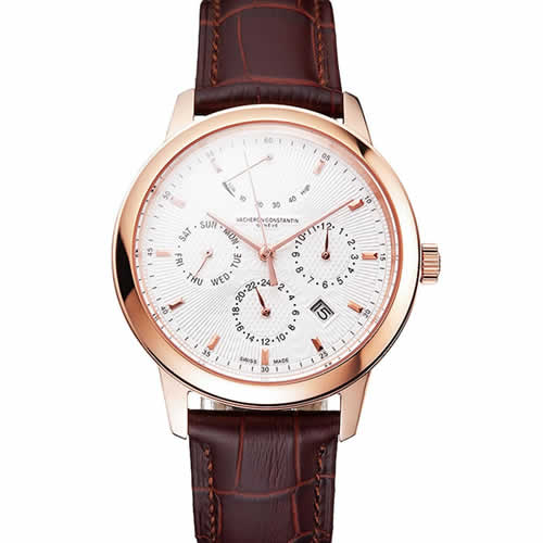 Swiss Vacheron Constantin Traditionnelle Power Reserve White Dial Rose Gold Case Brown Leather Strap