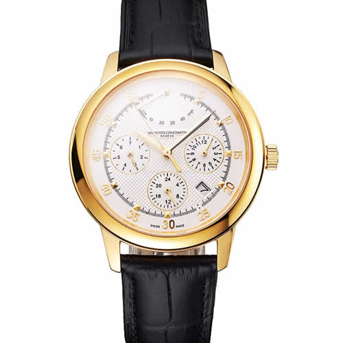 Swiss Vacheron Constantin Traditionnelle Power Reserve White Dial Gold Case Black Leather Strap