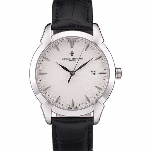 Swiss Vacheron Constantin Traditionnelle White Dial Stainless Steel Case Black Leather Bracelet