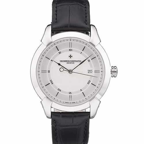 Swiss Vacheron Constantin Traditionnelle White Dial Roman Numerals Black Leather Bracelet