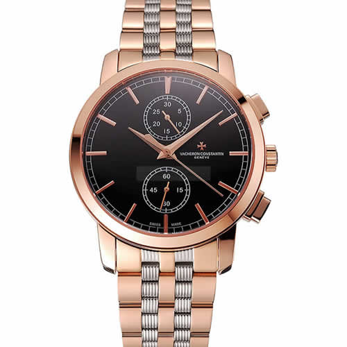 Swiss Vacheron Constantin Patrimony Traditionnelle Chronograph Black Dial Rose Gold Case Two Tone Bracelet 1453758