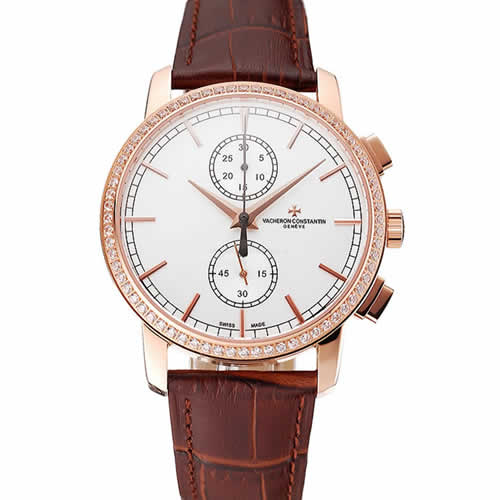 Swiss Vacheron Constantin Patrimony Traditionnelle Chronograph White Dial Diamond Bezel Rose Gold Case Brown Leather Strap 1453764