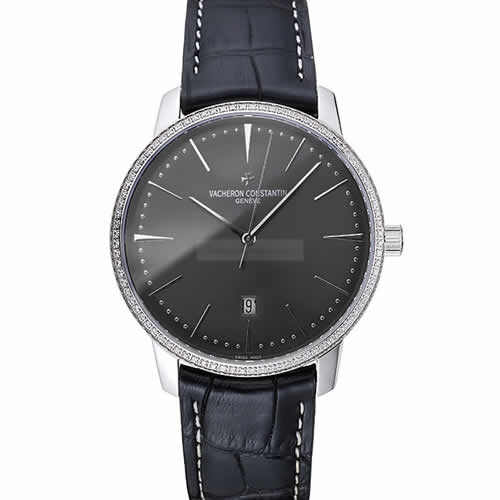 Swiss Vacheron Constantin Patrimony Grey Dial Silver Diamonds Case Black Leather Bracelet 1454163