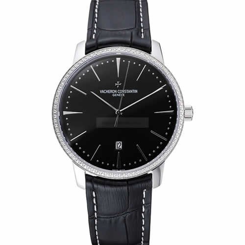 Swiss Vacheron Constantin Patrimony Black Dial Silver Diamonds Case Black Leather Bracelet 1454164