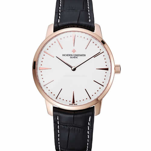 Swiss Vacheron Constantin Patrimony White Dial Rose Gold Case Black Leather Bracelet 1454165