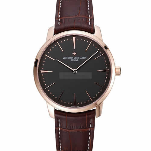 Swiss Vacheron Constantin Patrimony Grey Dial Rose Gold Case Brown Leather Bracelet 1454166