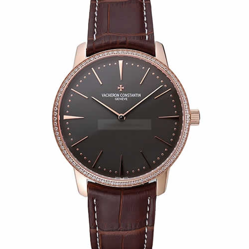 Swiss Vacheron Constantin Patrimony Grand Taille Grey Dial Rose Gold Diamonds Case Brown Leather Bracelet  1454172