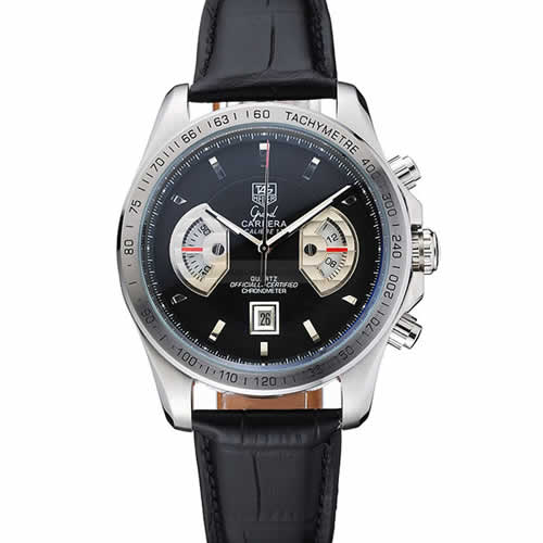 Tag Heuer Carrera Tachymeter Bezel Black Dial Black Leather Strap