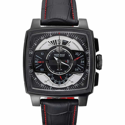 Tag Heuer Monaco Black-Red Perforated Leather Strap Black Dial 80309