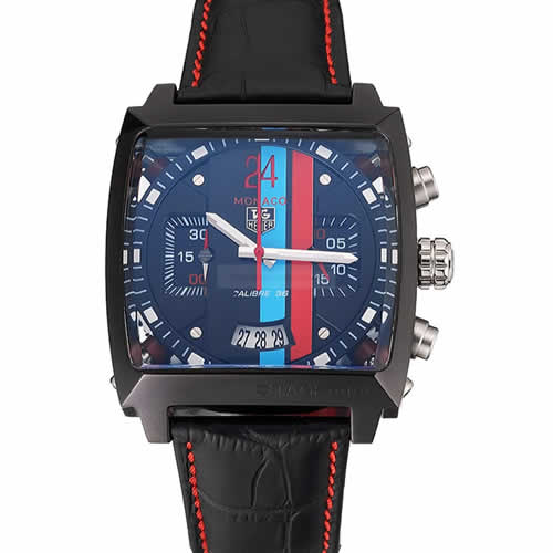 Tag Heuer Monaco Calibre 36 Blue And Red Dial Stripes Dial Black Leather Strap 622272