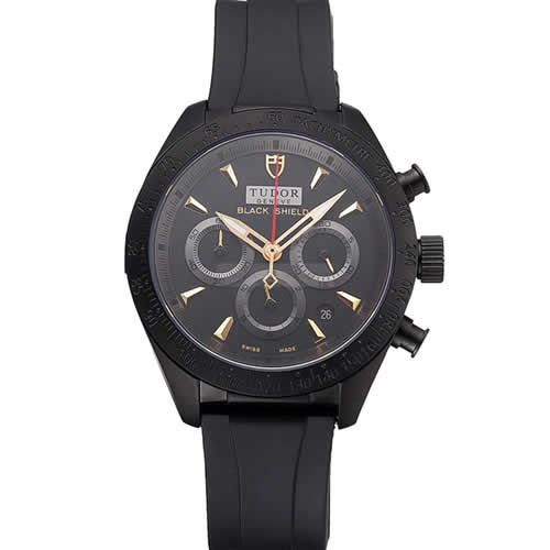 Tudor Fastrider Black Shield Black Dial Gold Markings Black Case Black Rubber Strap