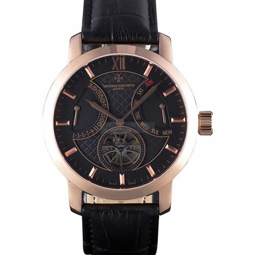 Vacheron Constantin Tourbillon Black Dial Rose Gold Case Black Leather Bracelet