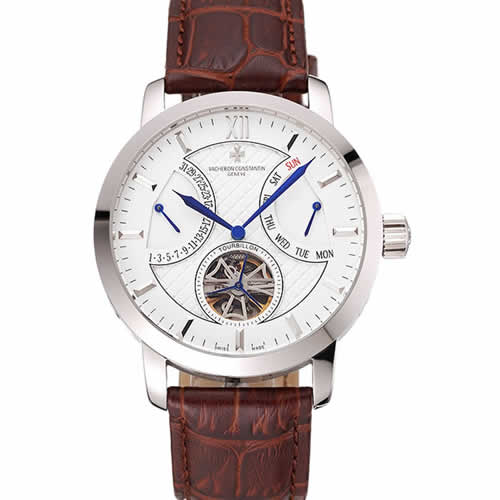 Vacheron Constantin Tourbillon White Dial Stainless Steel Case Brown Leather Bracelet