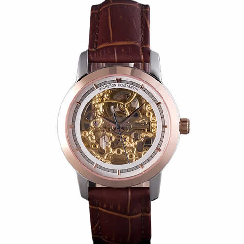 Vacheron Constantin White Skeleton  Watch with Rose Gold Bezel and Brown Leather Strap  621539