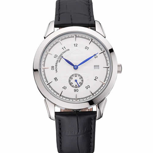 Vacheron Constantin Traditionnelle White Ship Dial Stainless Steel Case Black Leather Strap