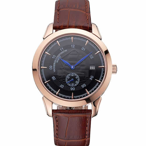 Vacheron Constantin Traditionnelle Black Ship Dial Rose Gold Case Brown Leather Strap