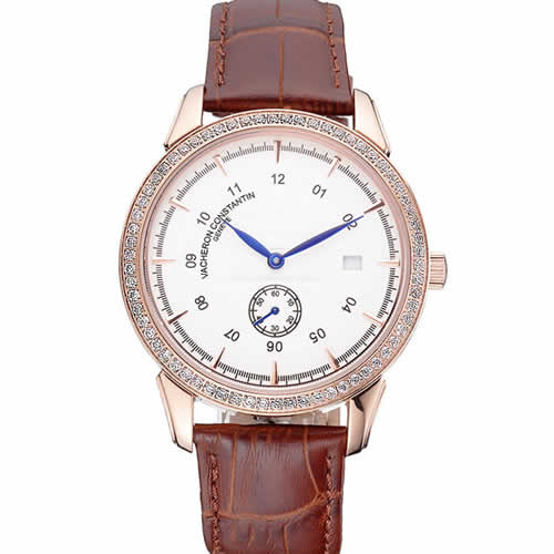 Vacheron Constantin Traditionnelle White Ship Dial Rose Gold Case With Diamonds Brown Leather Strap