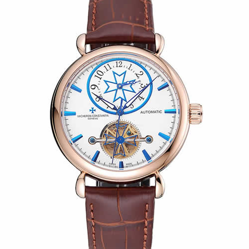 Vacheron Constantin Traditionnelle Tourbillon White Dial Blue Hourmarks Gold Case Brown Leather Bracelet 1454059