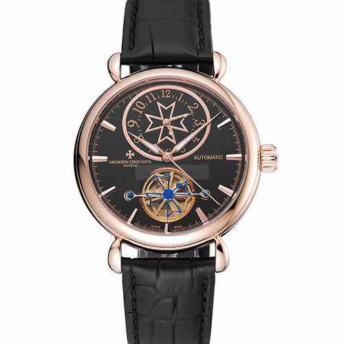 Vacheron Constantin Traditionnelle Tourbillon Black Dial Gold Case Black Leather Bracelet 1454060