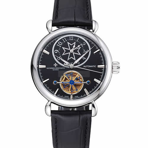 Vacheron Constantin Traditionnelle Tourbillon Black Dial Silver Case Black Leather Bracelet 1454063