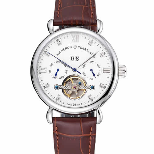 Vacheron Constantin Traditionnelle Tourbillon White Dial Diamond Numerals Brown Leather Bracelet 1454064